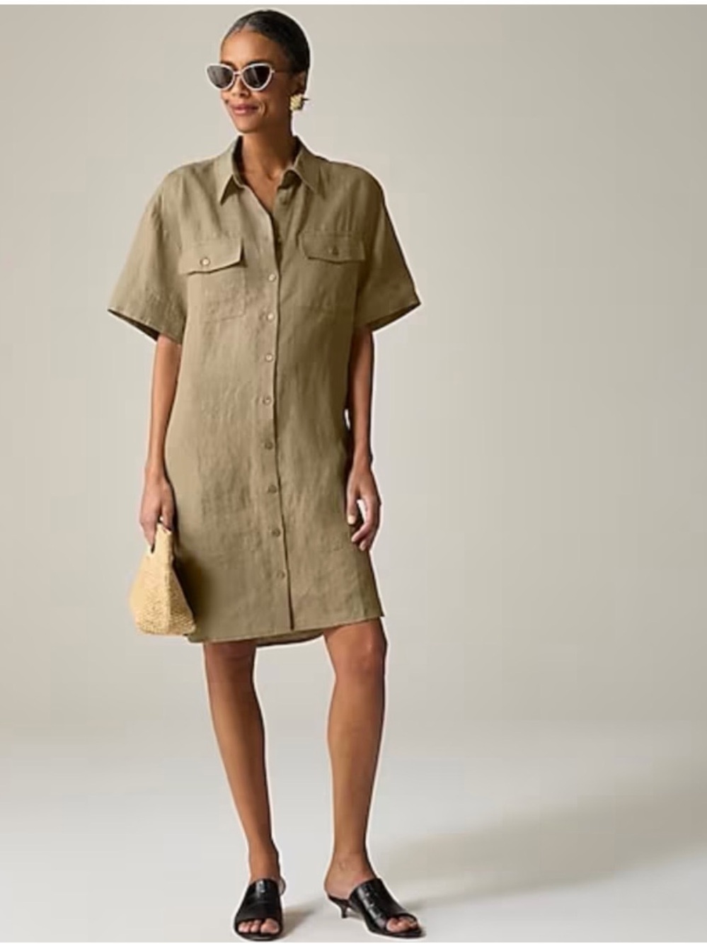 J. Crew 100% Linen Olive Utility Shirt Dress